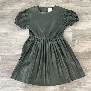 Zara Green Pleated A-Line Dress with Puff Sleeves